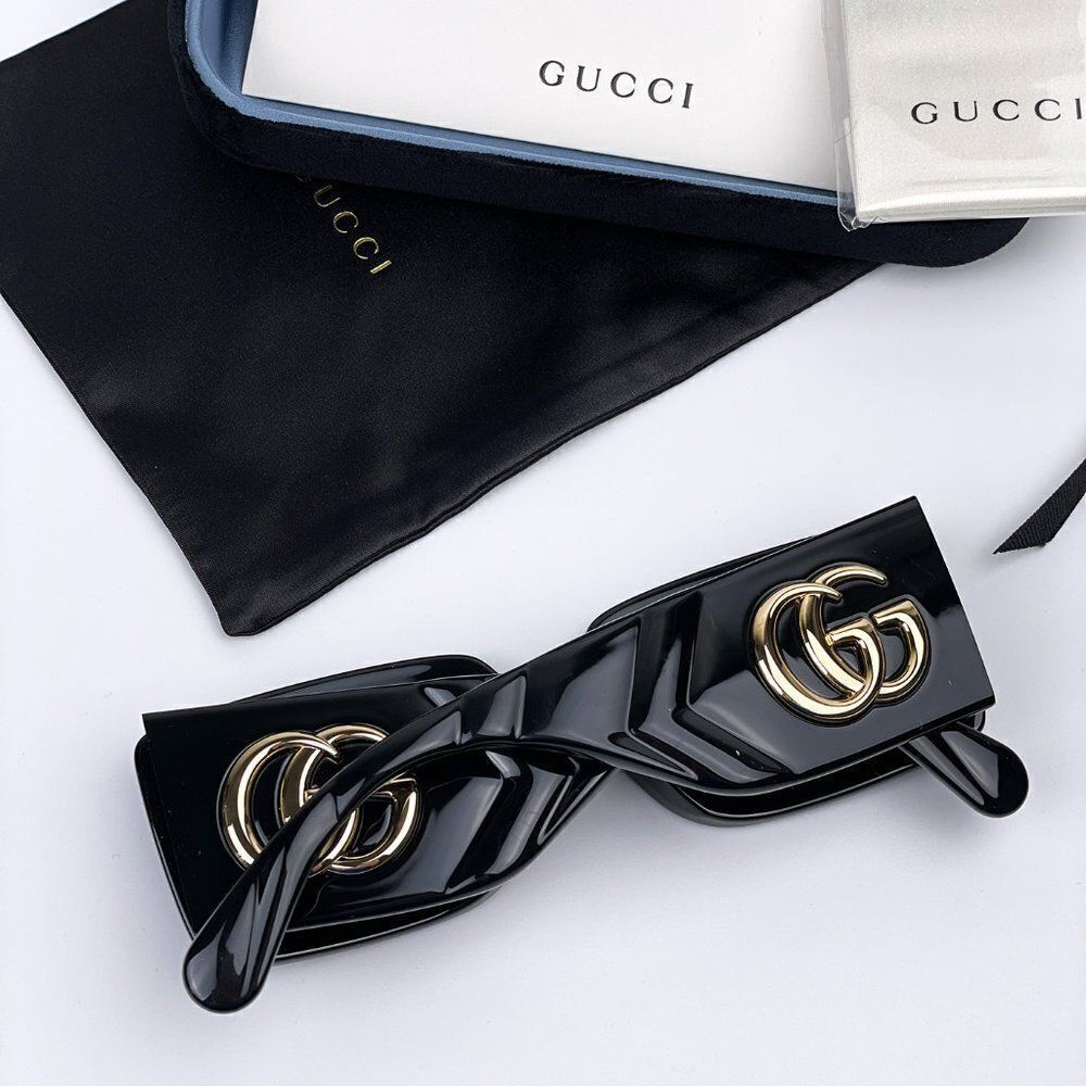NEW Gucci GG0811S 001 Black Logo Gray Rectangle Anti-Reflective Unisex Sunglasse - Picture 11 of 12